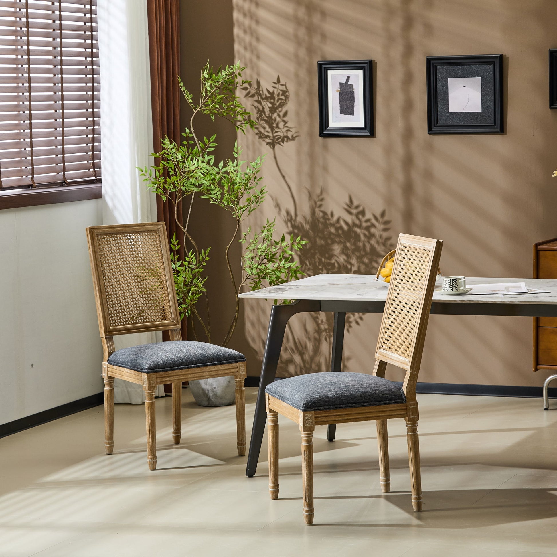 French Country Dining Chair With Rectangular Cane Backrest And Smooth Upholstered Seating Noble House