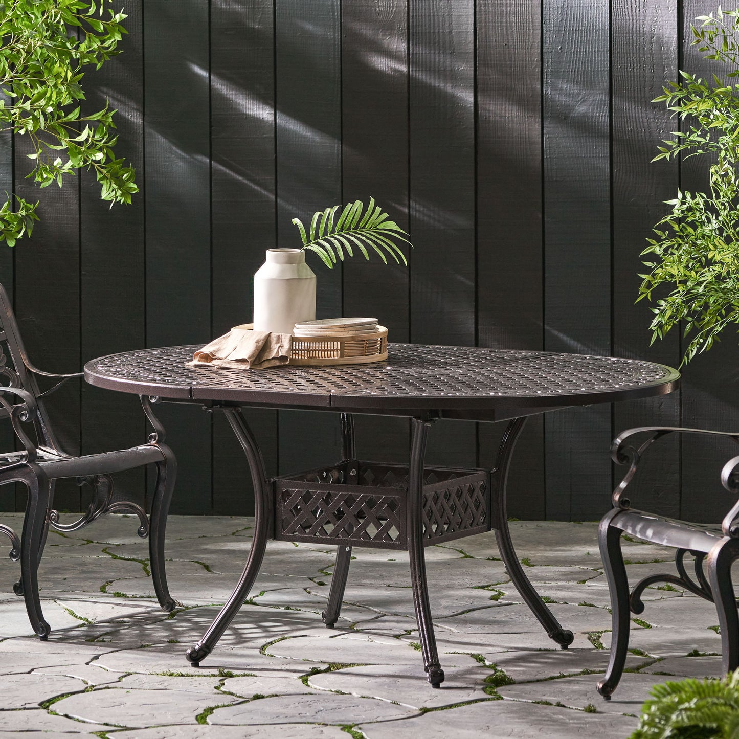 Outdoor Expandable Aluminum Dining Table With Latticework Details And Curvy Legs Noble House