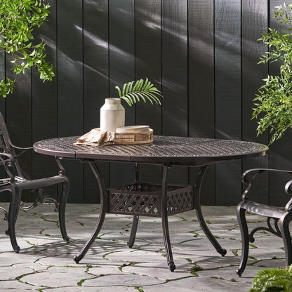 Outdoor Expandable Aluminum Dining Table With Latticework Details And Curvy Legs Noble House