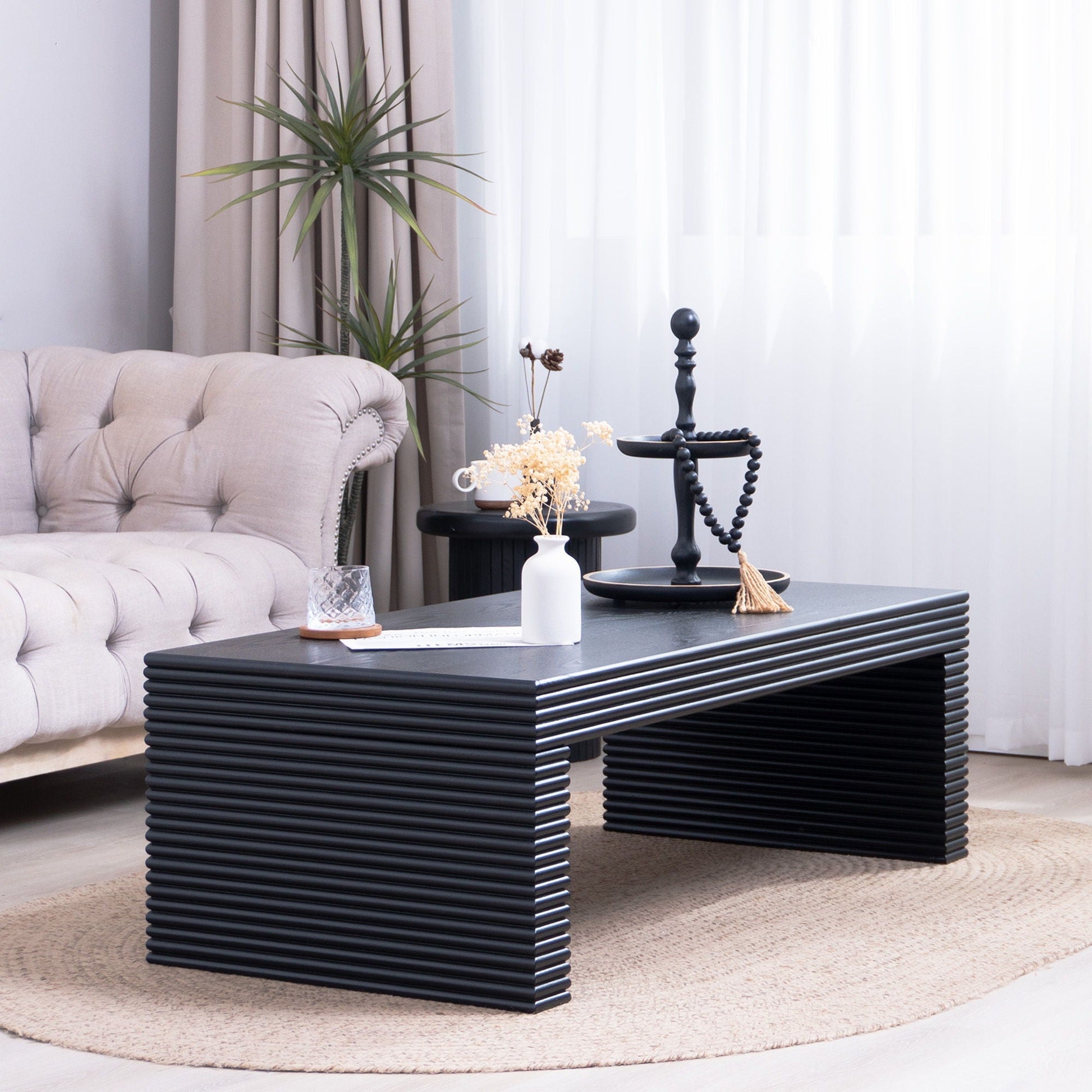 Modern Ribbed Coffee Table, Rectangular Low Profile Center Table For Living Room - Black Home Essentials