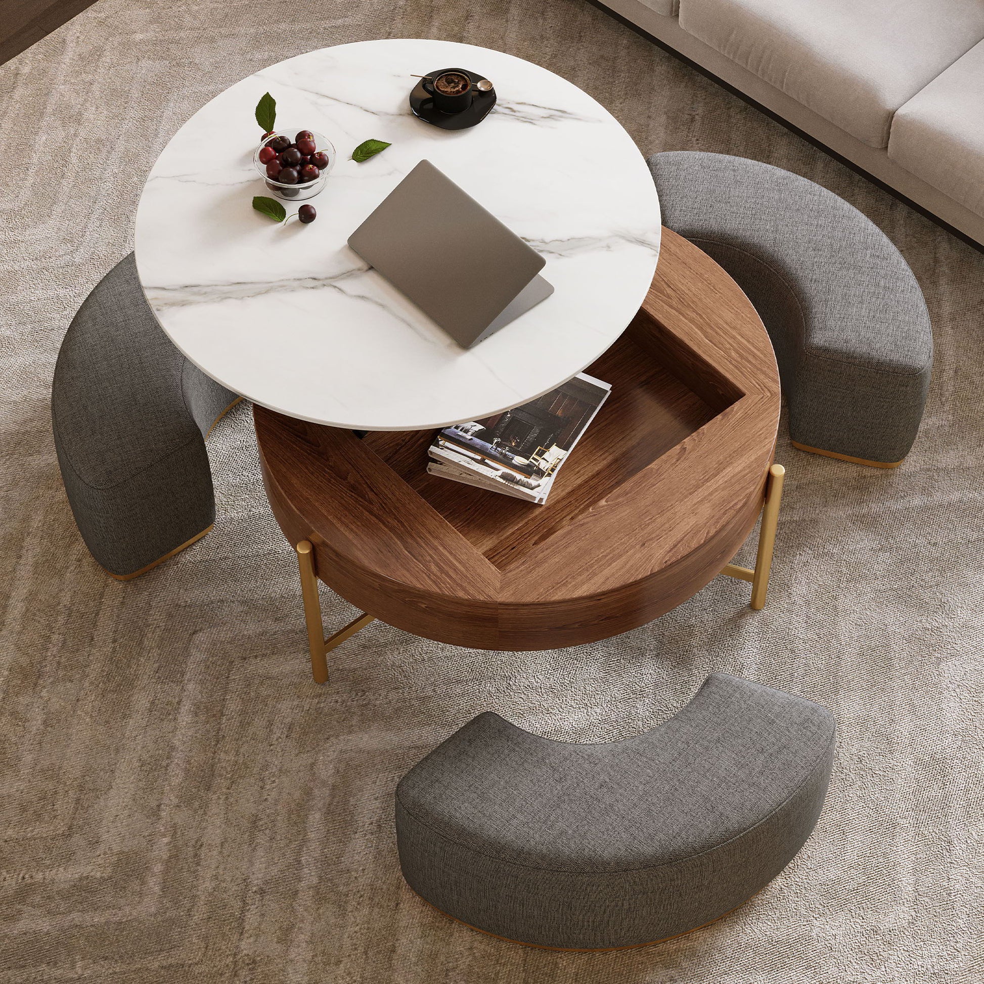 Lift Top Round Coffee Table With Hidden Storage, 3 Upholstered Nesting Ottomans - Brown / Gray / Golden / White Home Essentials