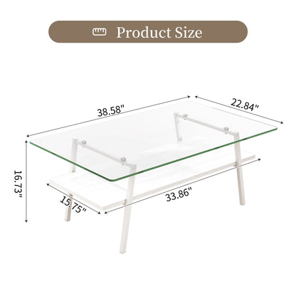 Rectangle Coffee Table, Tempered Glass Tabletop With Metal Legs, Modern Table For Living Room Home Essentials