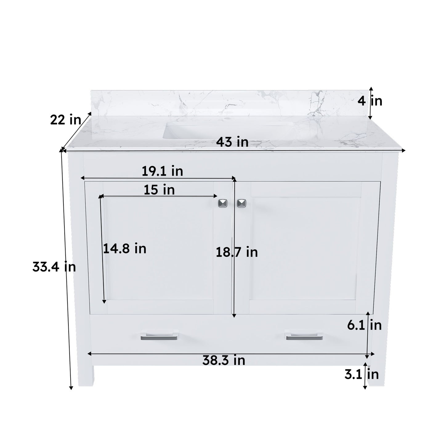 43" Bathroom Vanity With Artificial Marble Carrara Top Set, Multi Functional Cabinet With Doors And Drawer - White Home Essentials