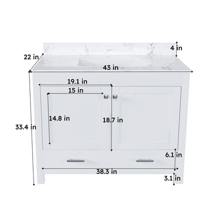 43" Bathroom Vanity With Artificial Marble Carrara Top Set, Multi Functional Cabinet With Doors And Drawer - White Home Essentials
