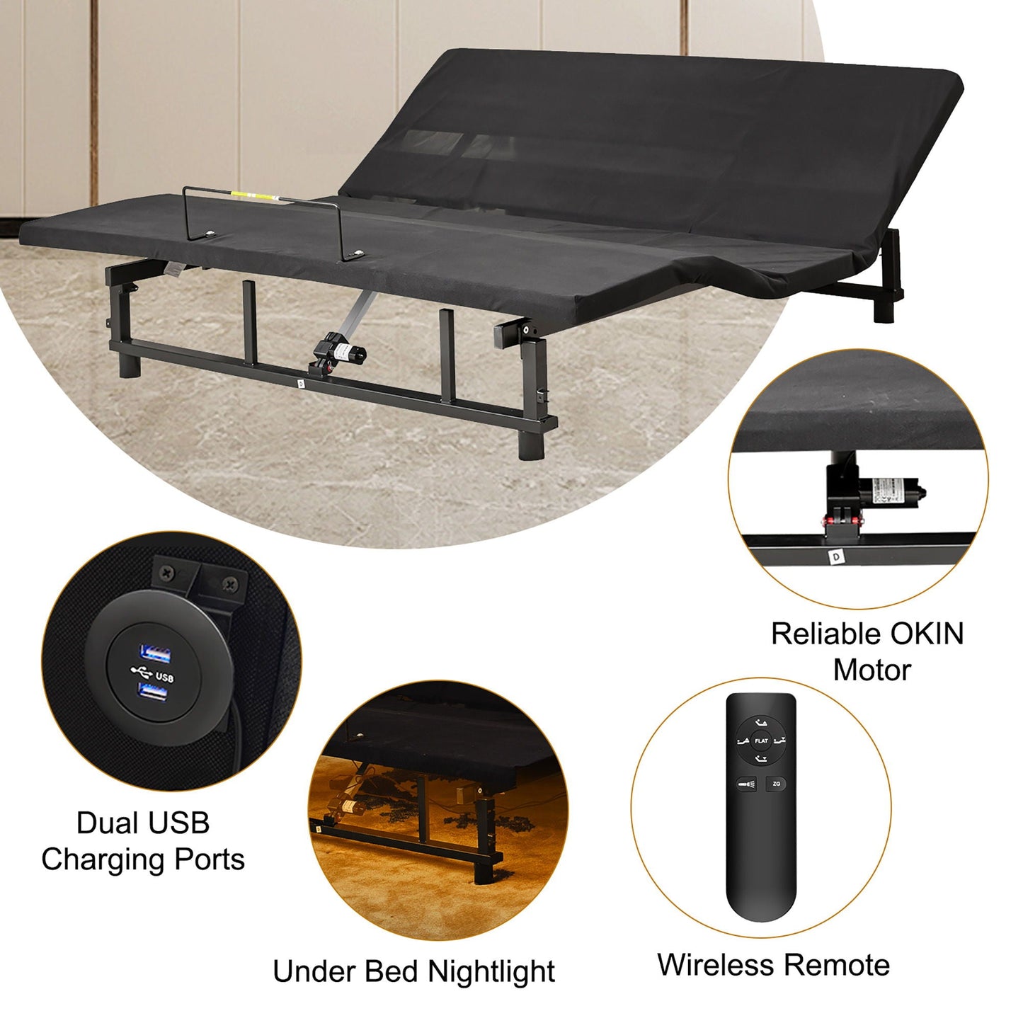 Adjustable Bed Base Frame Queen With Head And Foot Incline Wireless Remote - Antique Black Home Essentials