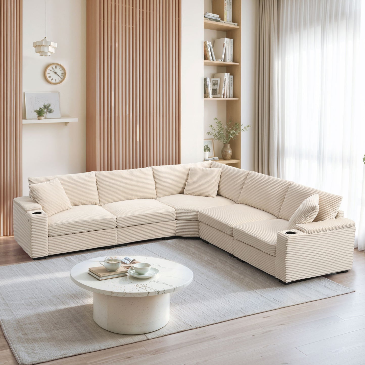 Convertible L Shaped Sectional Corner Couch With Armrest Storage Cup Holders USB Charger, Irregular Corner Oversized Comfy Modular Sofa Luxe & Co.
