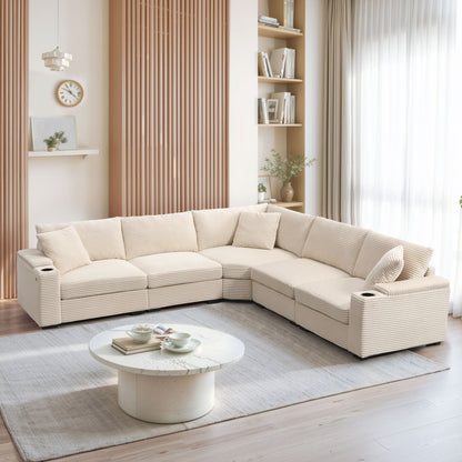 Convertible L Shaped Sectional Corner Couch With Armrest Storage Cup Holders USB Charger, Irregular Corner Oversized Comfy Modular Sofa Luxe & Co.