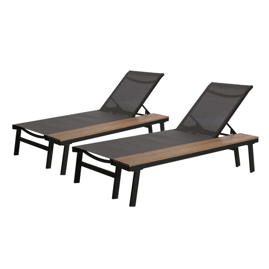 Waterloo - Chaise Lounge With Attached Wood Side Table (Set of 2) Adjustable Eucalyptus Wood And - Gray / Black Noble House