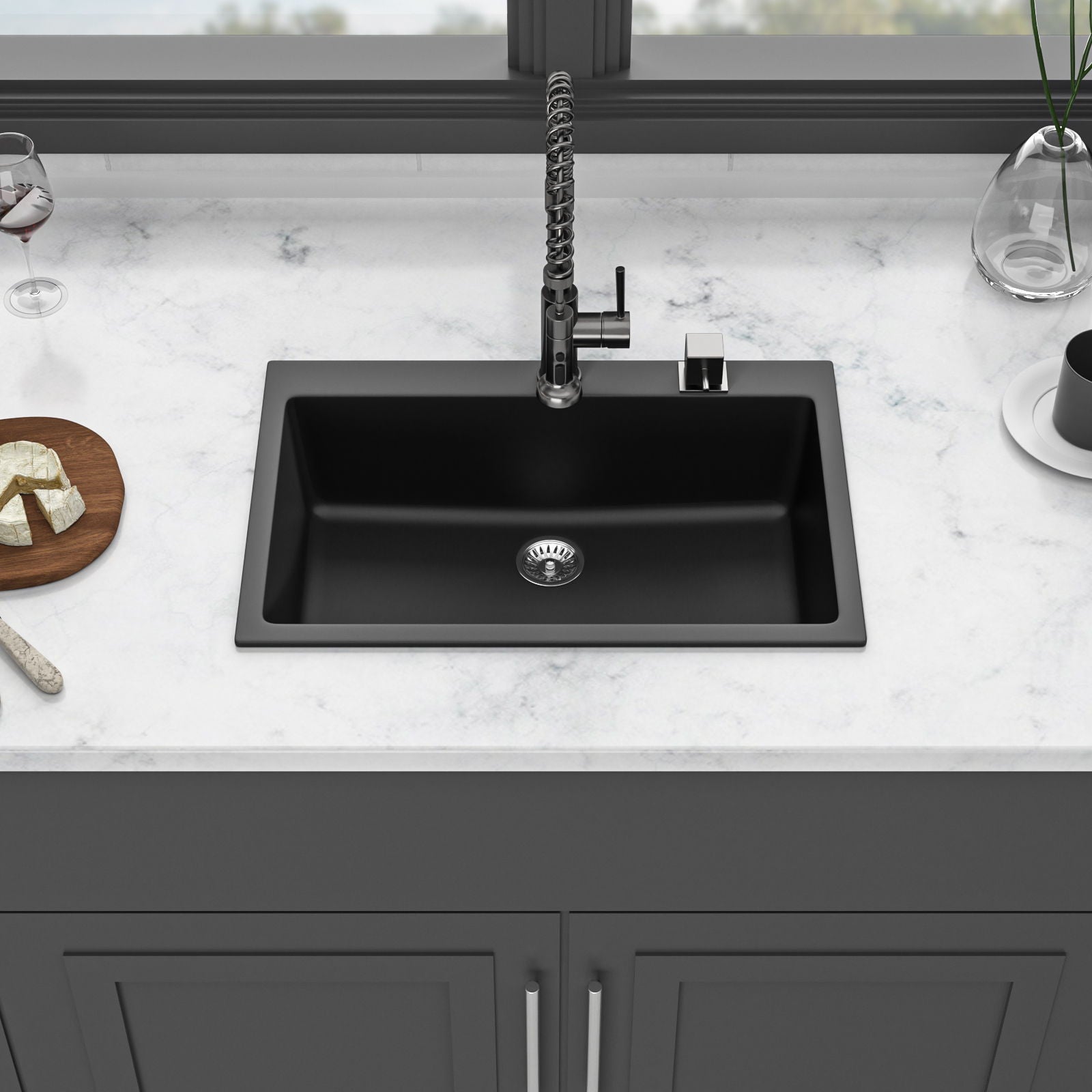 Kitchen Sink Granite Composite Drop In Sink With Durable Material - Black Daily Nest