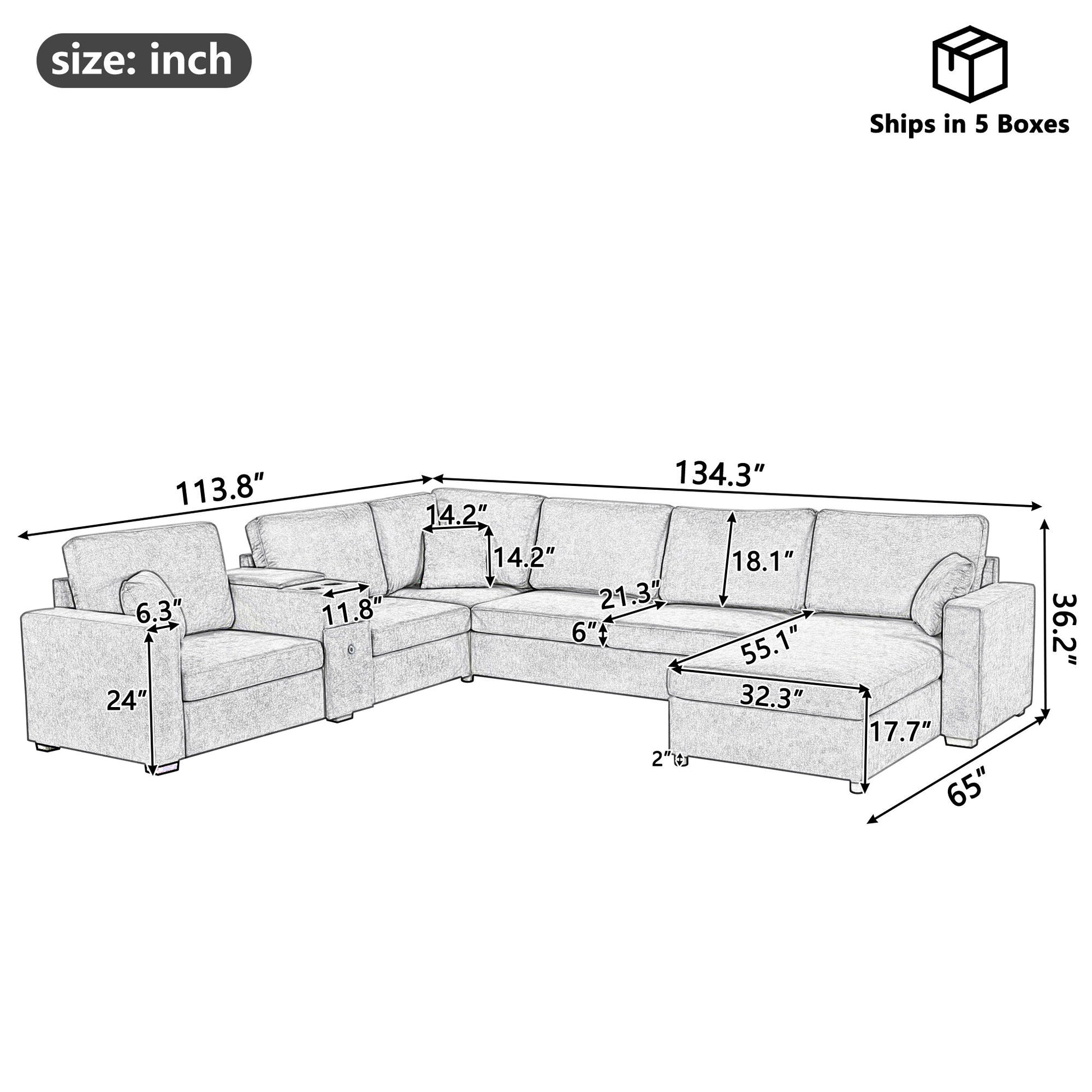 Modular 5 Seat U-Shape Sectional Sofa With Chaise Lounge, Built In Cup Holders And Storage Drawer Hearth and Haven