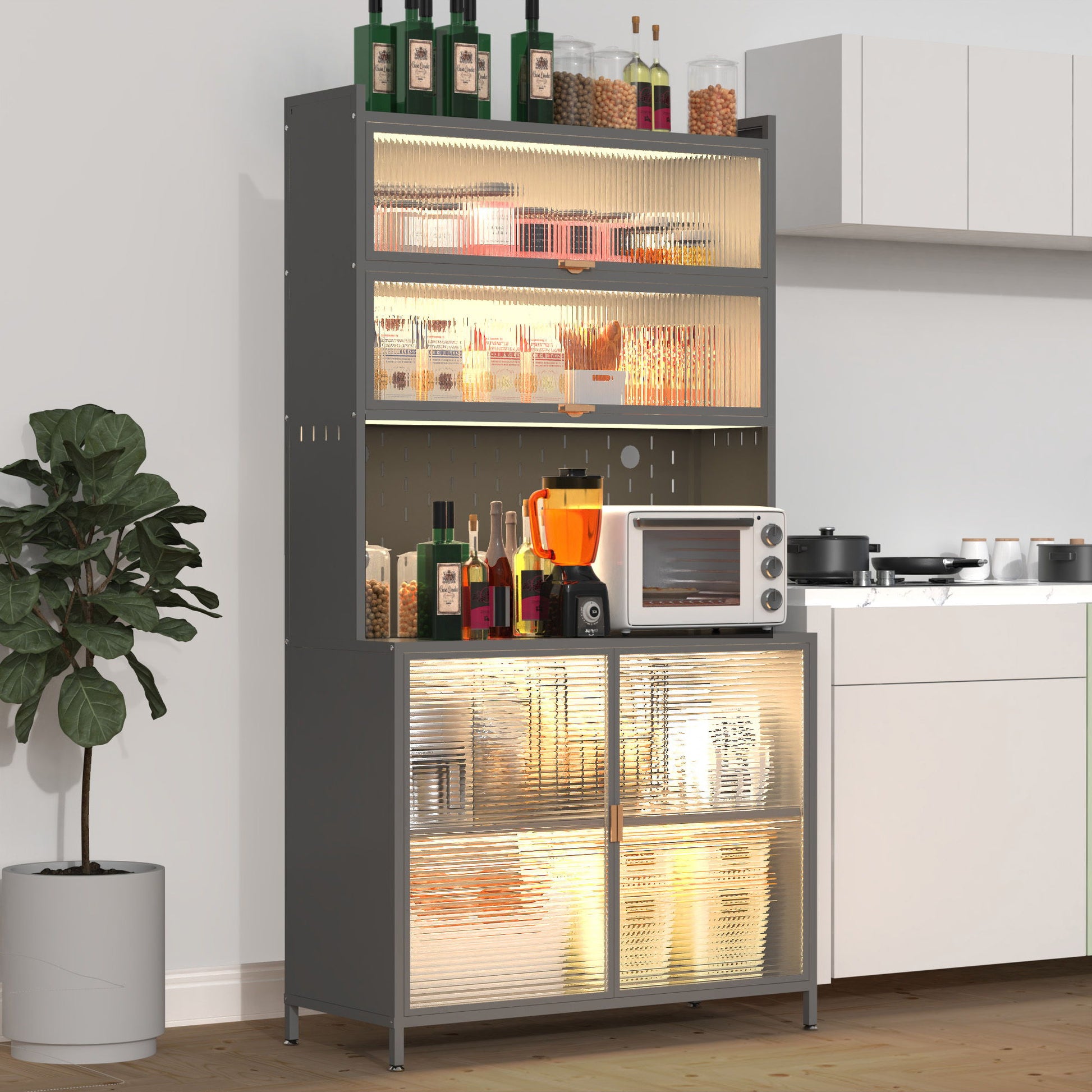 Tall Kitchen Pantry Cabinet With Flip Doors And Pegboard, Anti Tip Steel Storage Hutch Home Essentials
