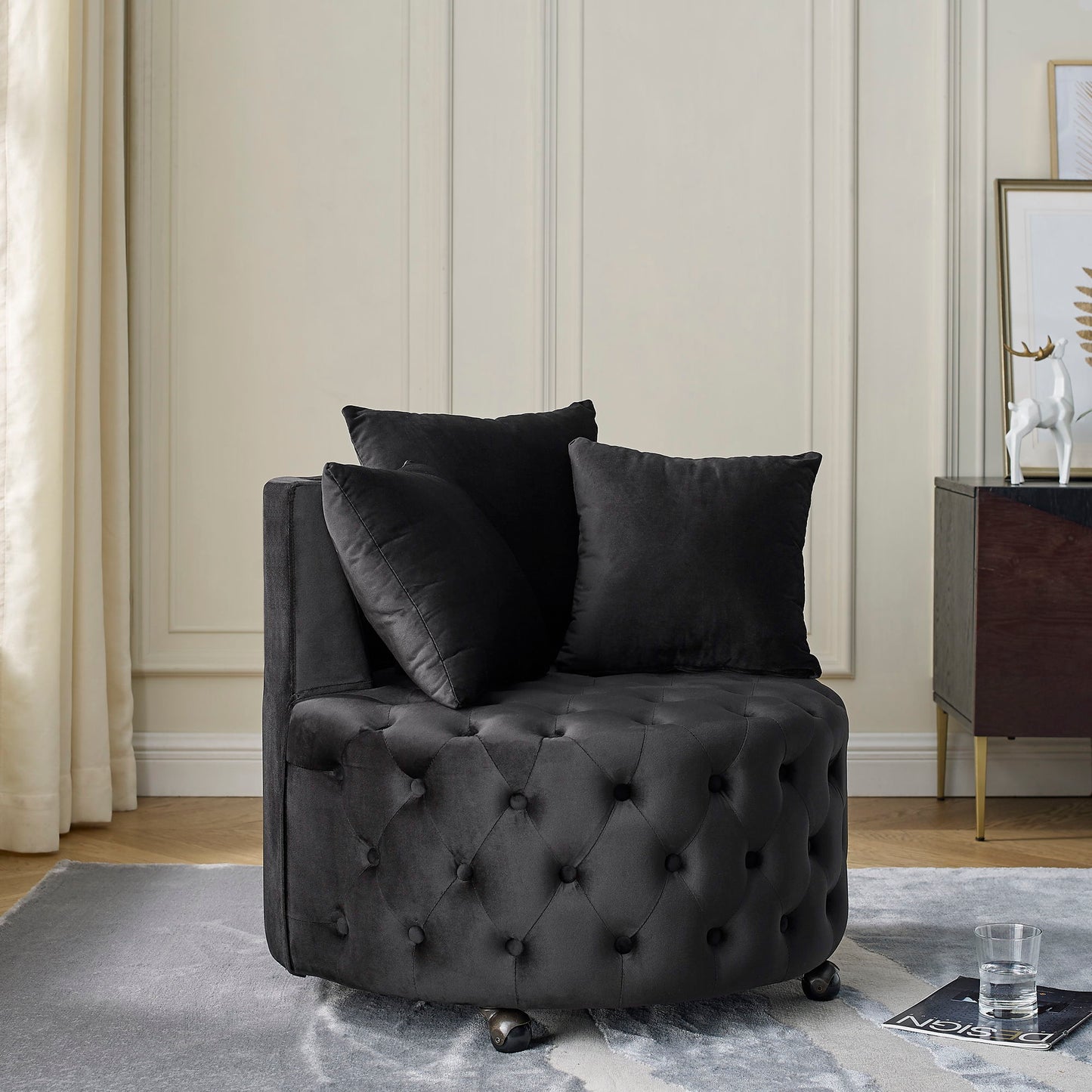 Modern Upholstered Swivel Chair With Button Tufted Design And Movable Wheels Home Essentials