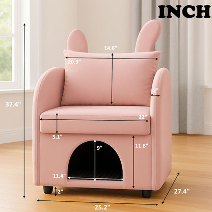 Bunny Ear Pet Friendly Armchair With Hidden Pet House With Storage Pocket For Bedroom & Living Room - Pink Home Essentials