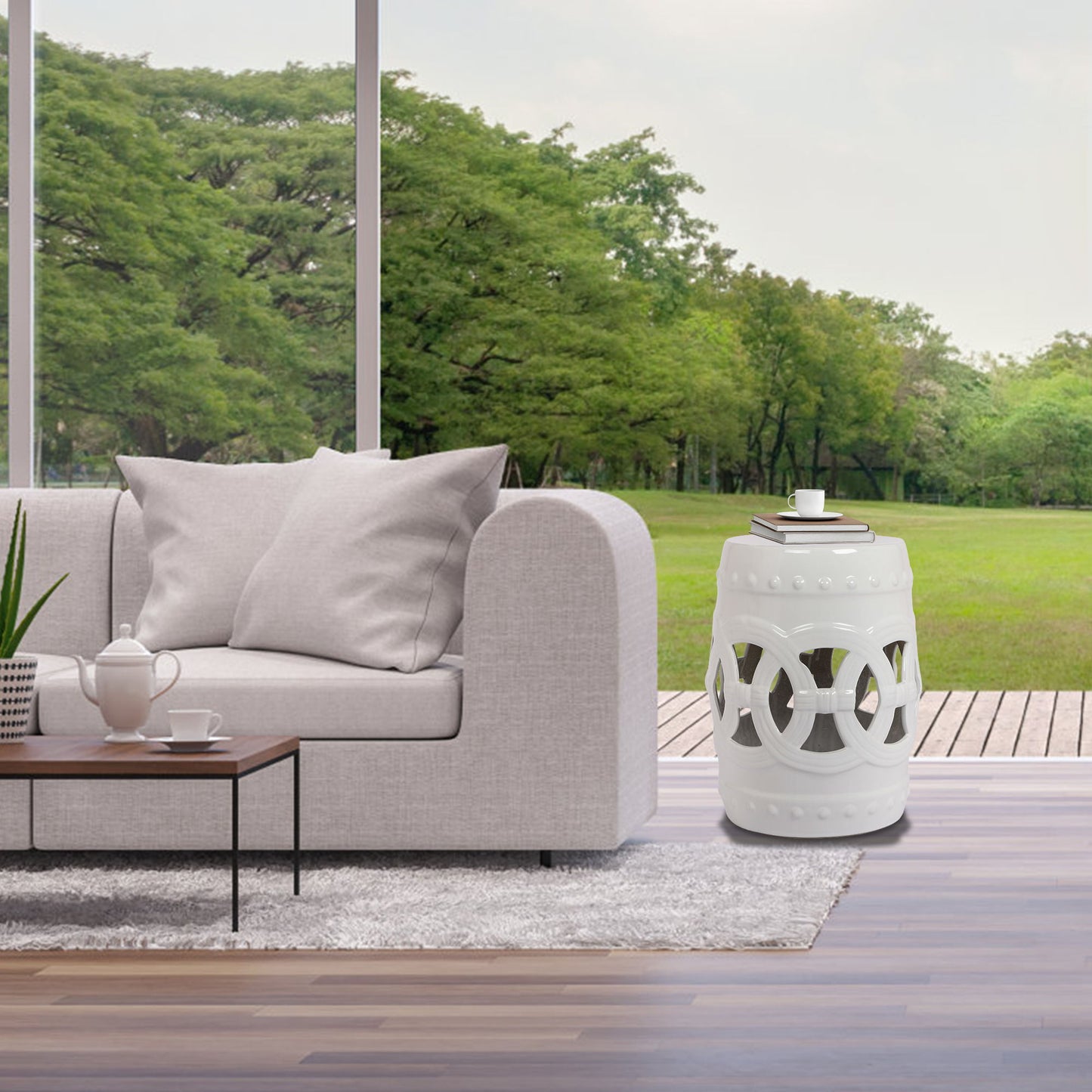 Elegant Glazed Ceramic Drum Stool Indoor / Outdoor Side Table Accent Garden Stool - White Home Essentials