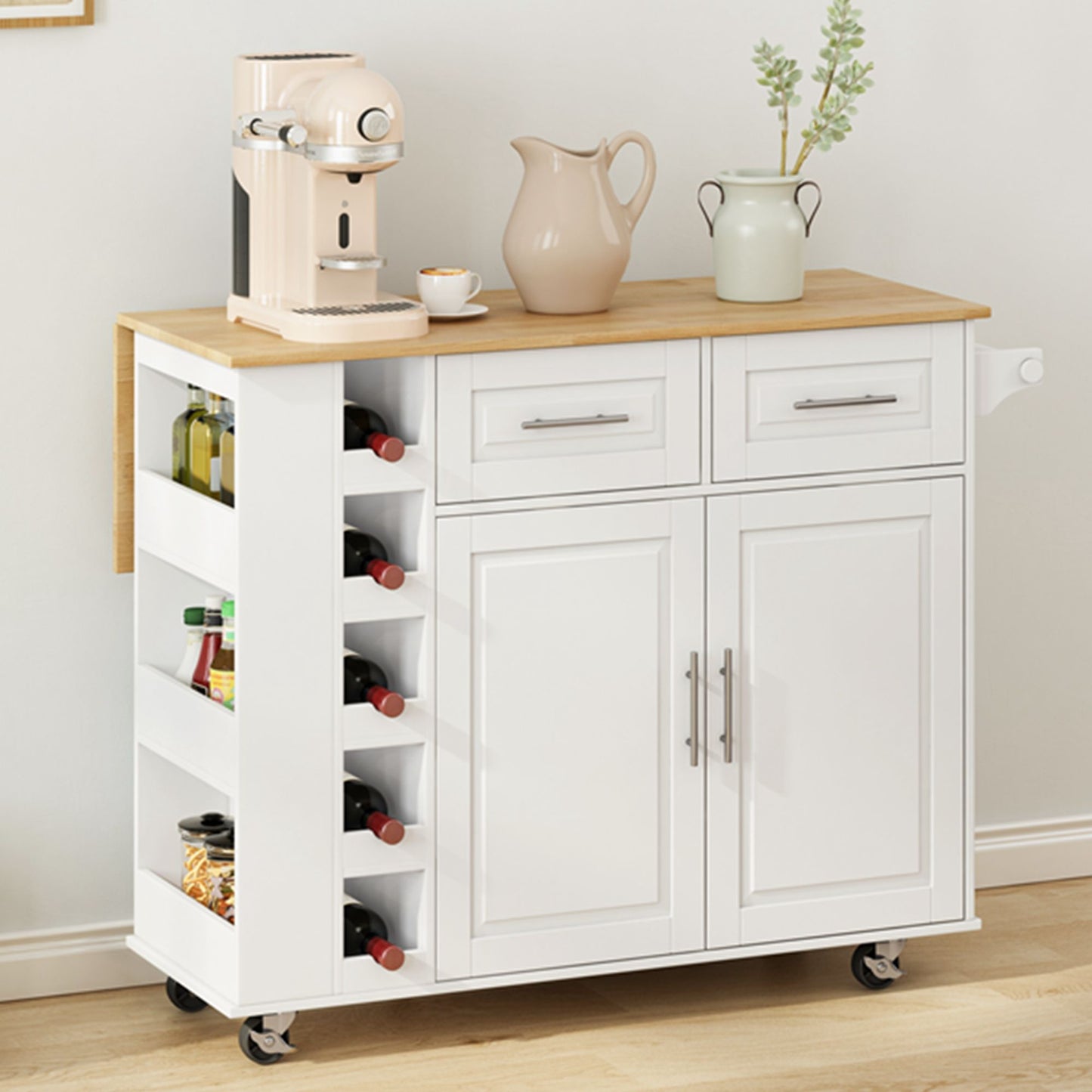 Kitchen Island Cart With 2 Door Cabinet, 2 Drawers, Spice Rack, Towel Holder, Wine Rack, And Foldable Top - White Home Essentials
