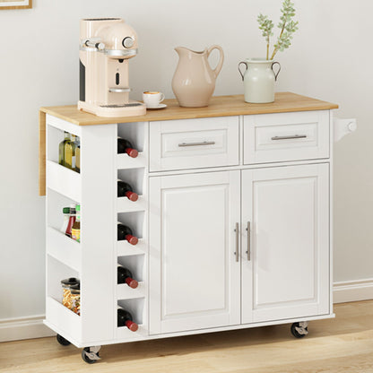 Kitchen Island Cart With 2 Door Cabinet, 2 Drawers, Spice Rack, Towel Holder, Wine Rack, And Foldable Top - White Home Essentials