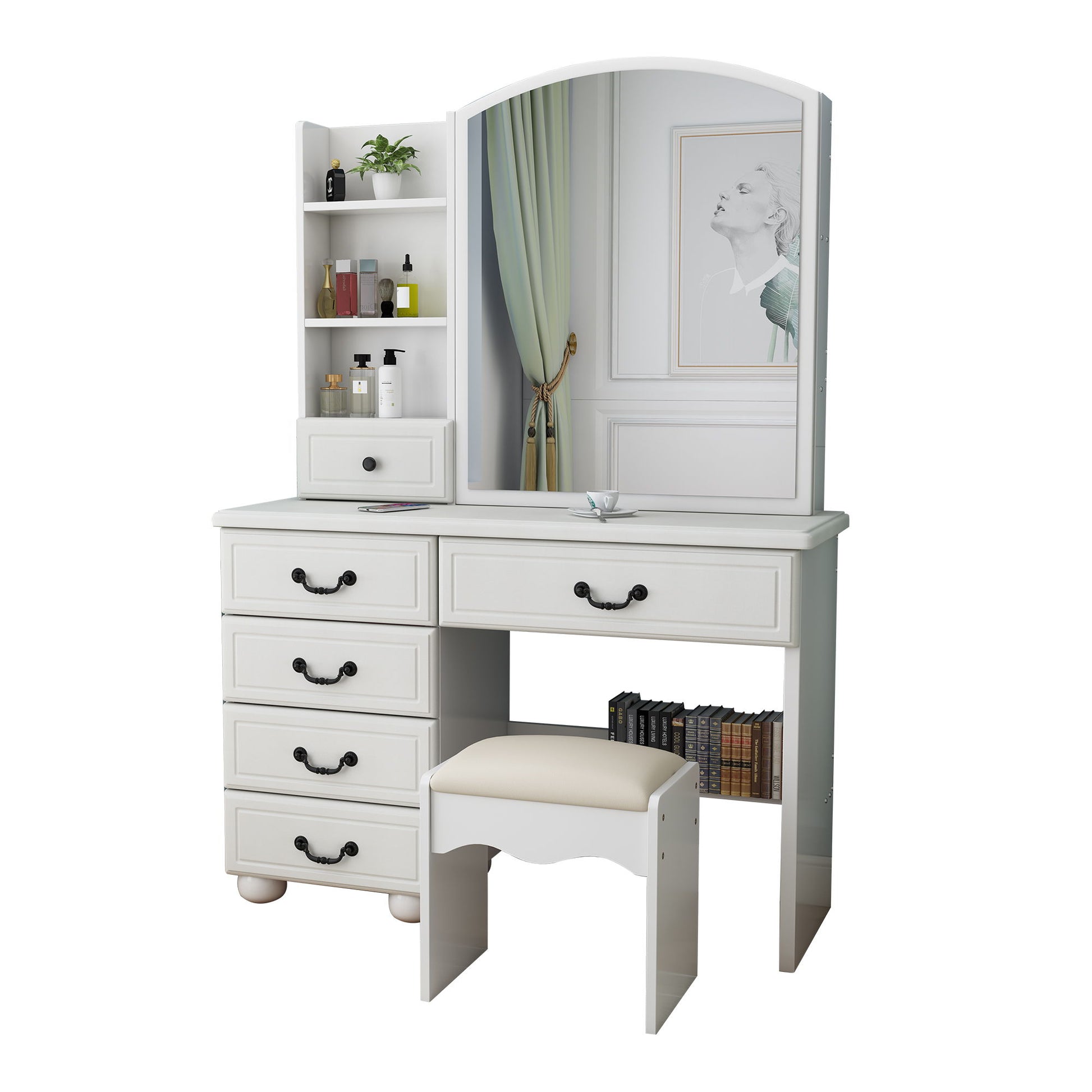 Fashion Vanity Desk With Mirror And Adjustable Lighting, 6 Drawers, 3 Color Light Modes - White Home Essentials