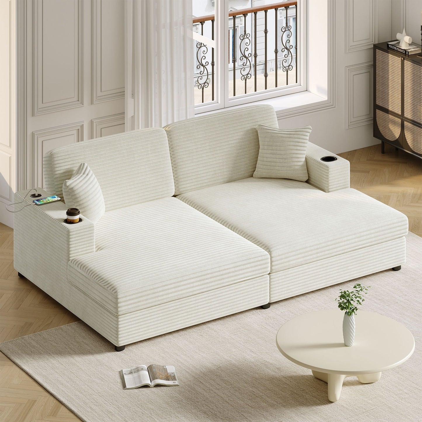 Oversized Loveseat Chaise With 2 USB Ports, 2 Cup Holders And 2 Throw Pillows Hearth and Haven