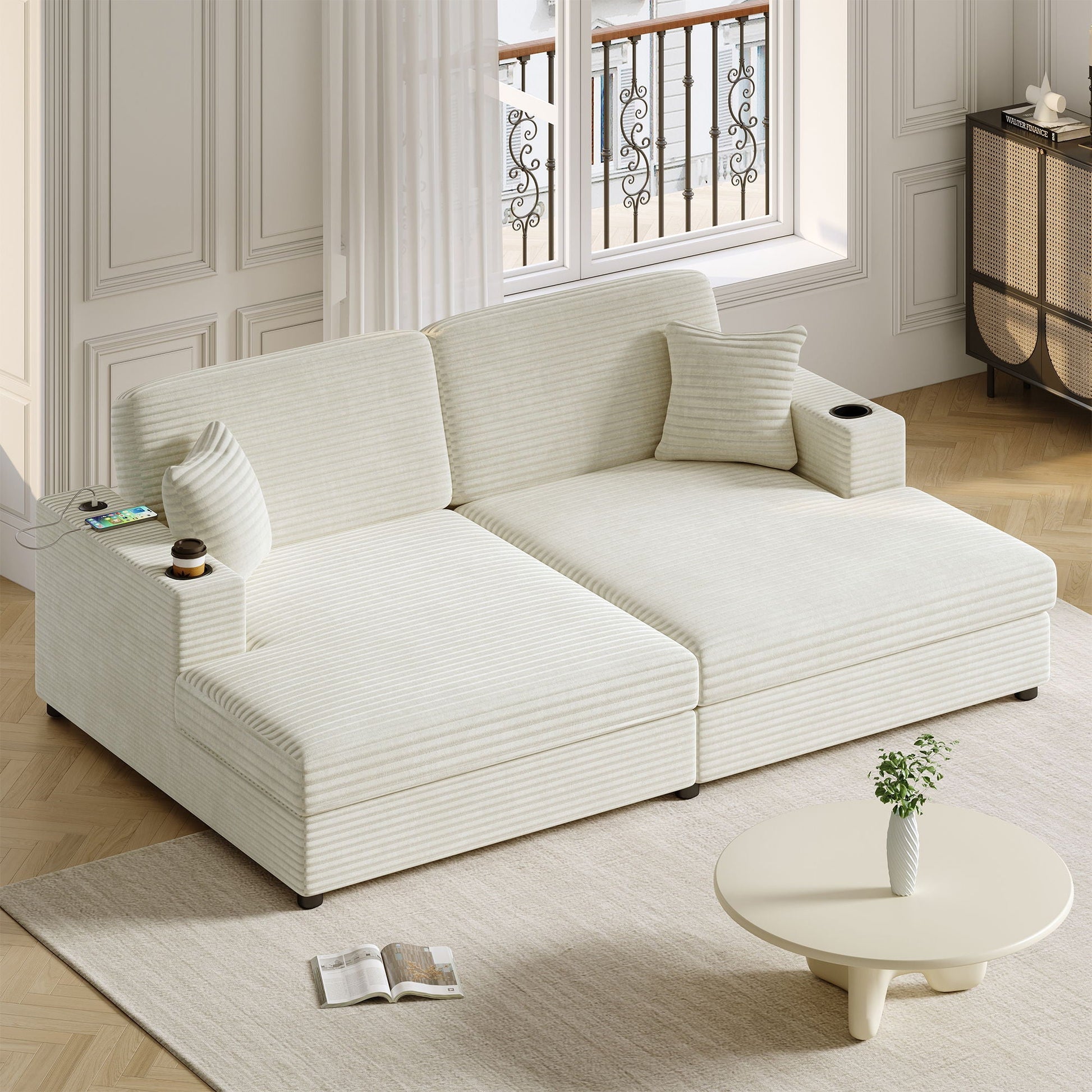 Oversized Loveseat Chaise With 2 USB Ports, 2 Cup Holders And 2 Throw Pillows Hearth and Haven