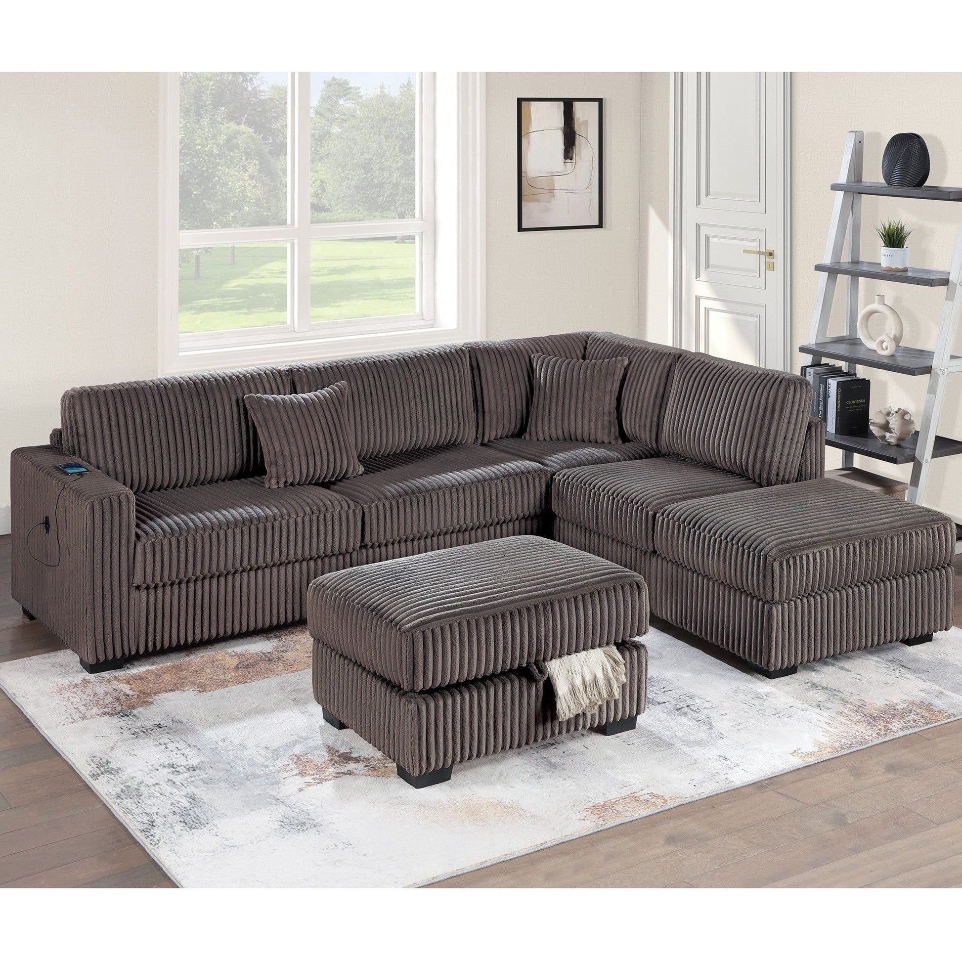 3 Piece Sectional Sofa With Reversible Chaise And USB Storage Ottoman Home Essentials