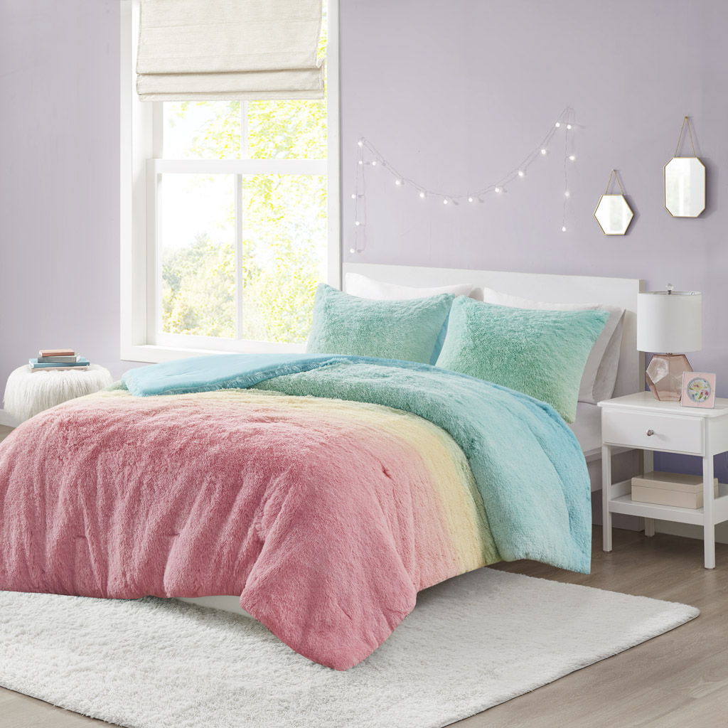 Primrose - Ombre Shaggy Faux Fur Comforter Set - Aqua Multi