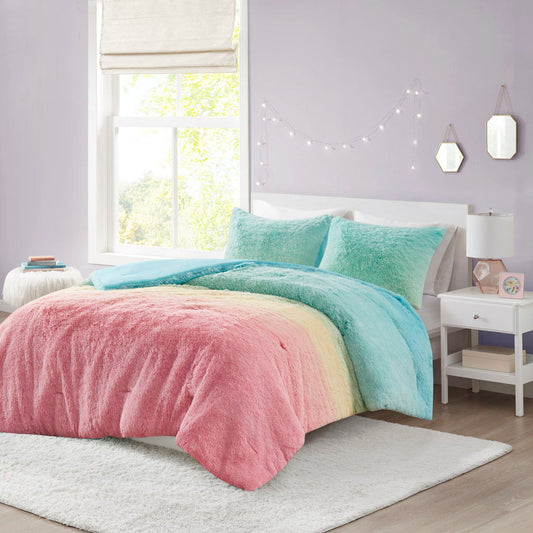 Primrose - Ombre Shaggy Faux Fur Comforter Set - Aqua Multi