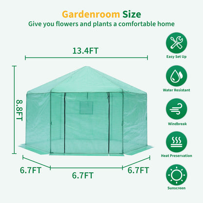 Walk-in Greenhouse Hexagonal Upgrade Reinforced Frame Heavy Duty Plastic Greenhouse Reinforced Thickened Waterproof Insulation (13.1*8.6 ft) - Green