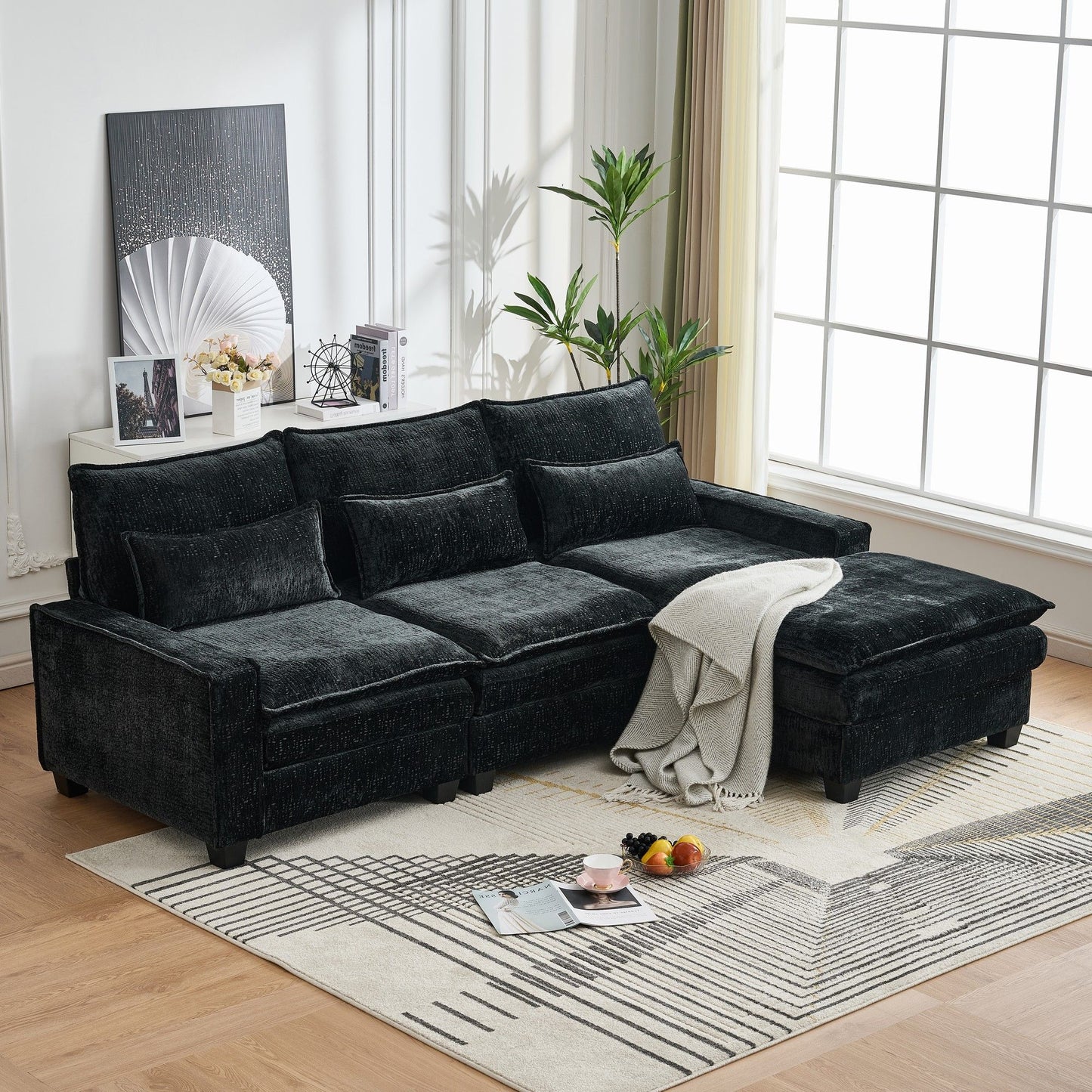 Modern Comfy Chenille L Shaped Sectional Sofa With Movable Ottoman Home Essentials