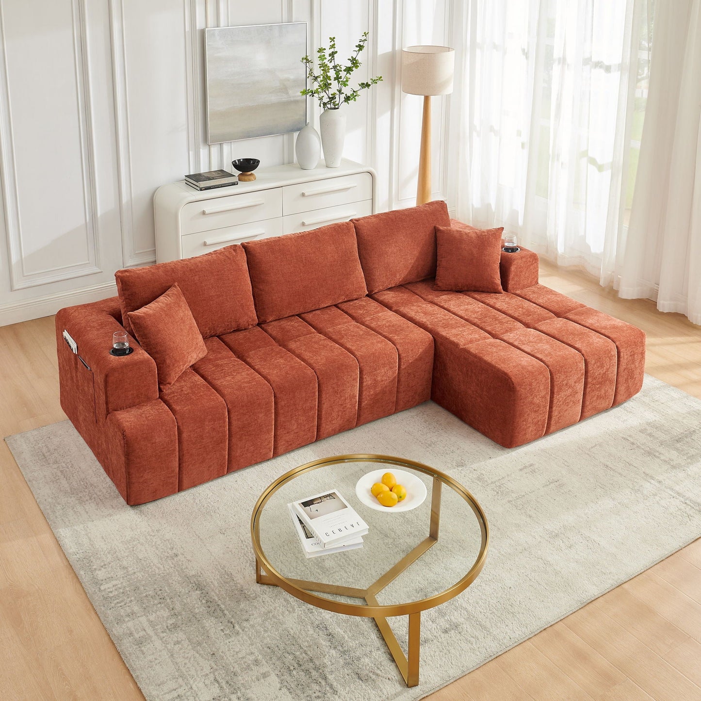 L - Shaped Sectional Sofa With Cup Holders & Side Pockets Home Essentials