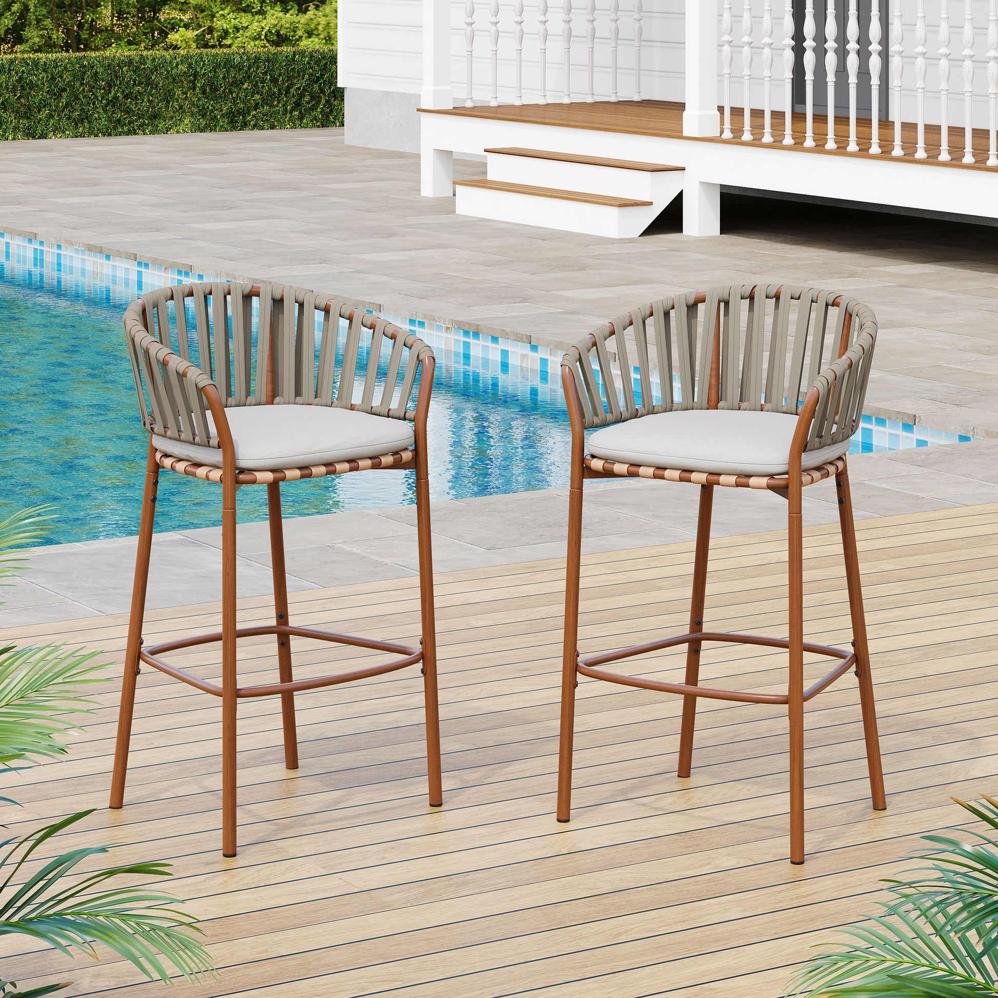 Lodi - Outdoor Matal Rope Barstool, Teak / Beige (Set of 2) - Teak / Beige Noble House