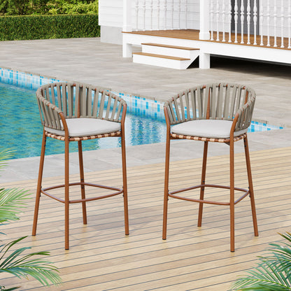 Lodi - Outdoor Matal Rope Barstool, Teak / Beige (Set of 2) - Teak / Beige Noble House