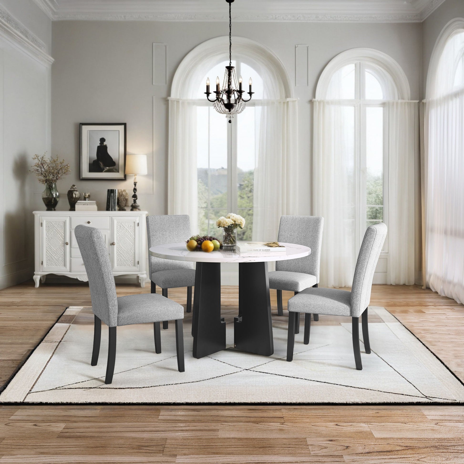 5 Piece Round Dining Table Set, Dining Table And 4 Upholstered Chairs For Dining Room, Kitchen Room, Living Room - White / Gray Hearth and Haven