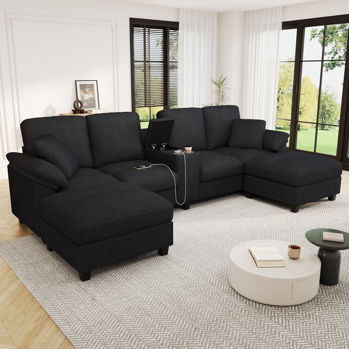 Modern U - Shaped Sectional Sofa With Storage Ottomans, USB Ports, And Cup Holders Hearth and Haven