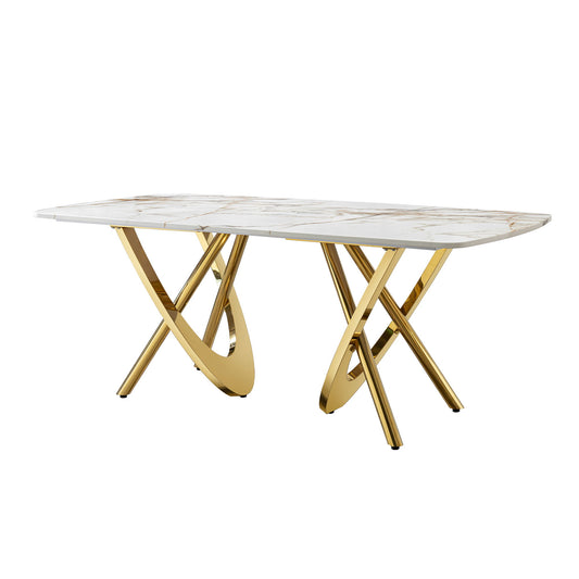 Marble Pattern Dining Table With Stainless Steel Base, Rectangular, Seats 6 Or 8 - Gold Home Essentials