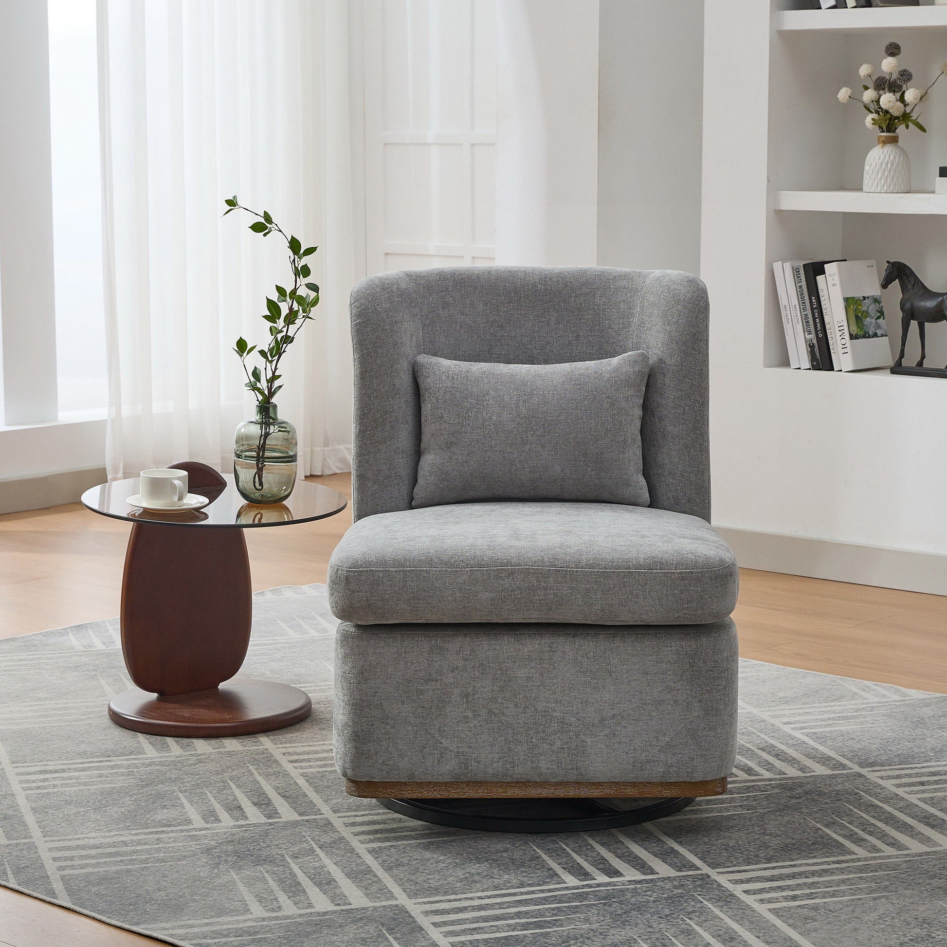 Wide Modern Chenille Cushioned Armless Metal Base 360° Swivel Chair With Pillow Home Essentials