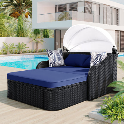 Outdoor Sunbed With Adjustable Canopy, Daybed With Pillows, Double Lounge, PE Rattan Daybed Hearth and Haven