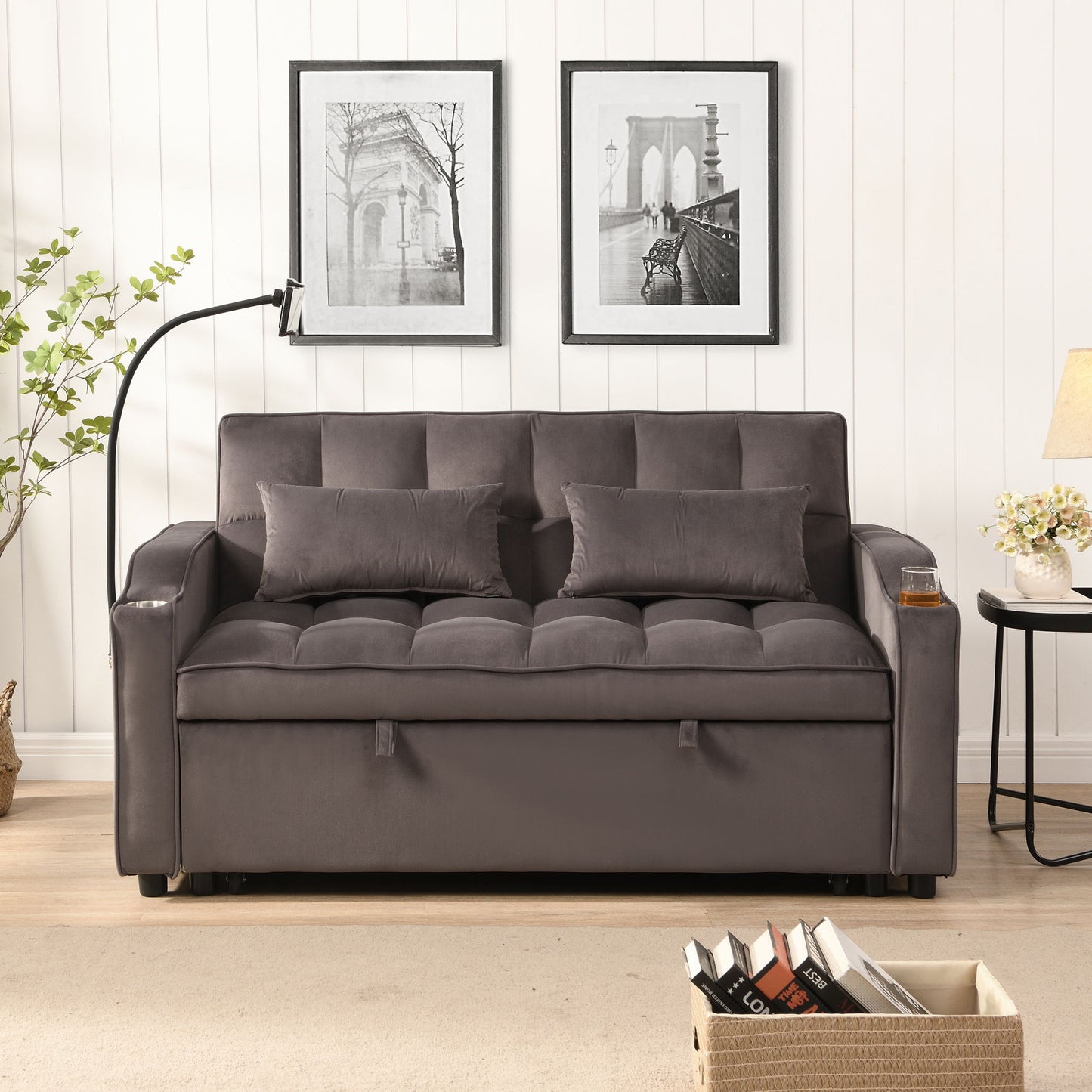 Modern Velvet Loveseat Futon Sofa With Pullout Bed, Adjustable Reclining Backrest, Toss Pillows Home Essentials