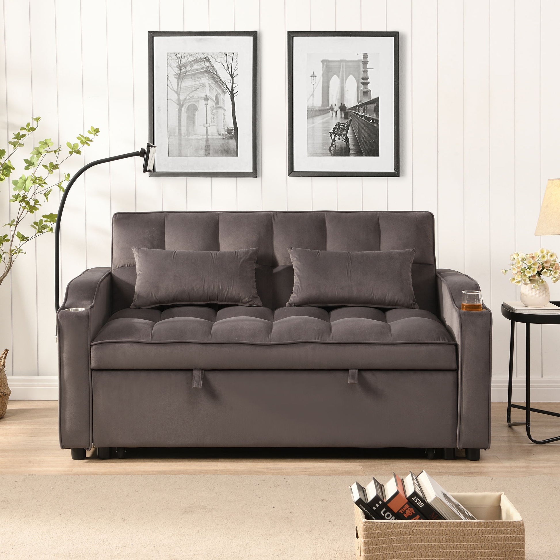 Modern Velvet Loveseat Futon Sofa With Pullout Bed, Adjustable Reclining Backrest, Toss Pillows Home Essentials