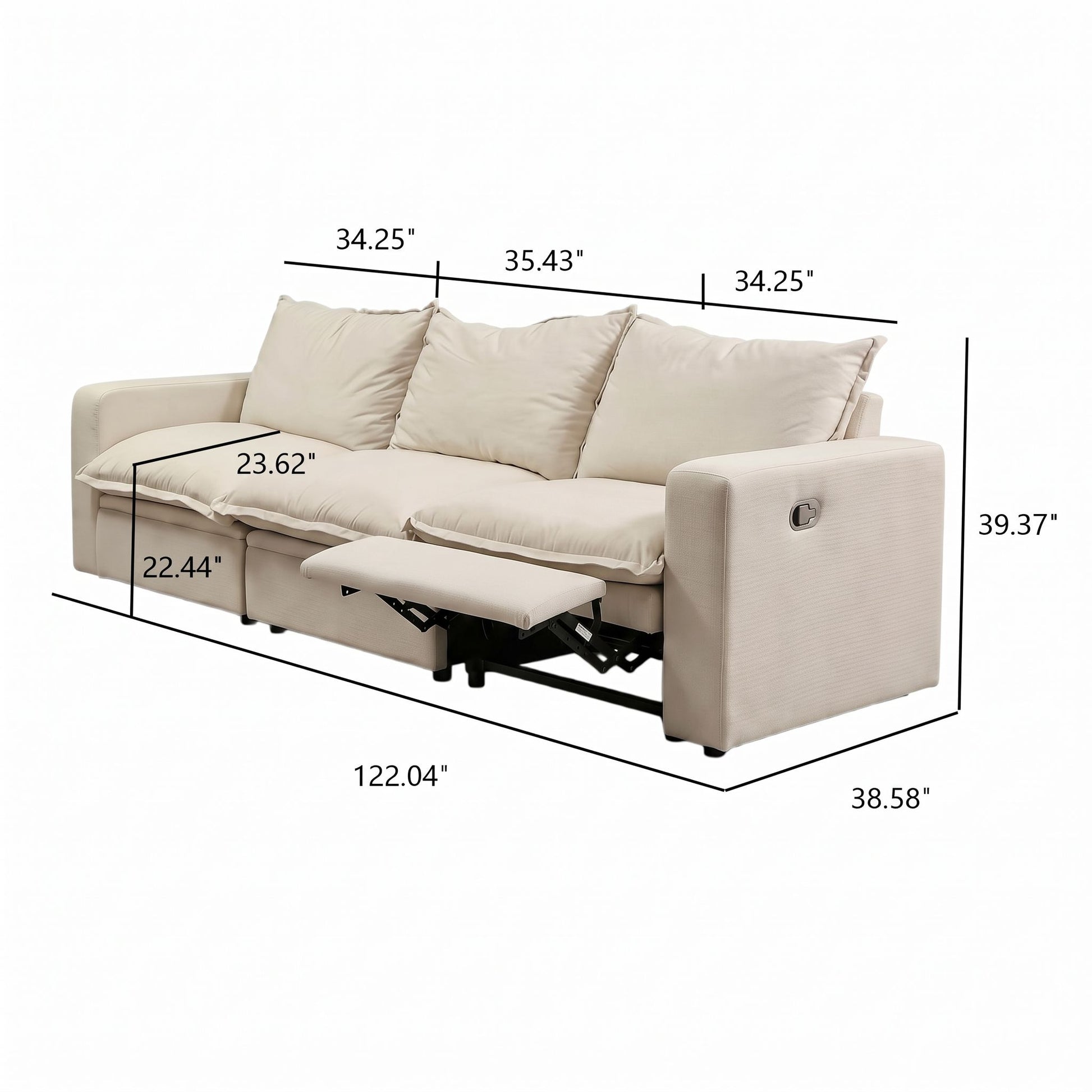 Plush Pillow Top Reclining Sofa, 3 Seat - Cream Beige Home Essentials