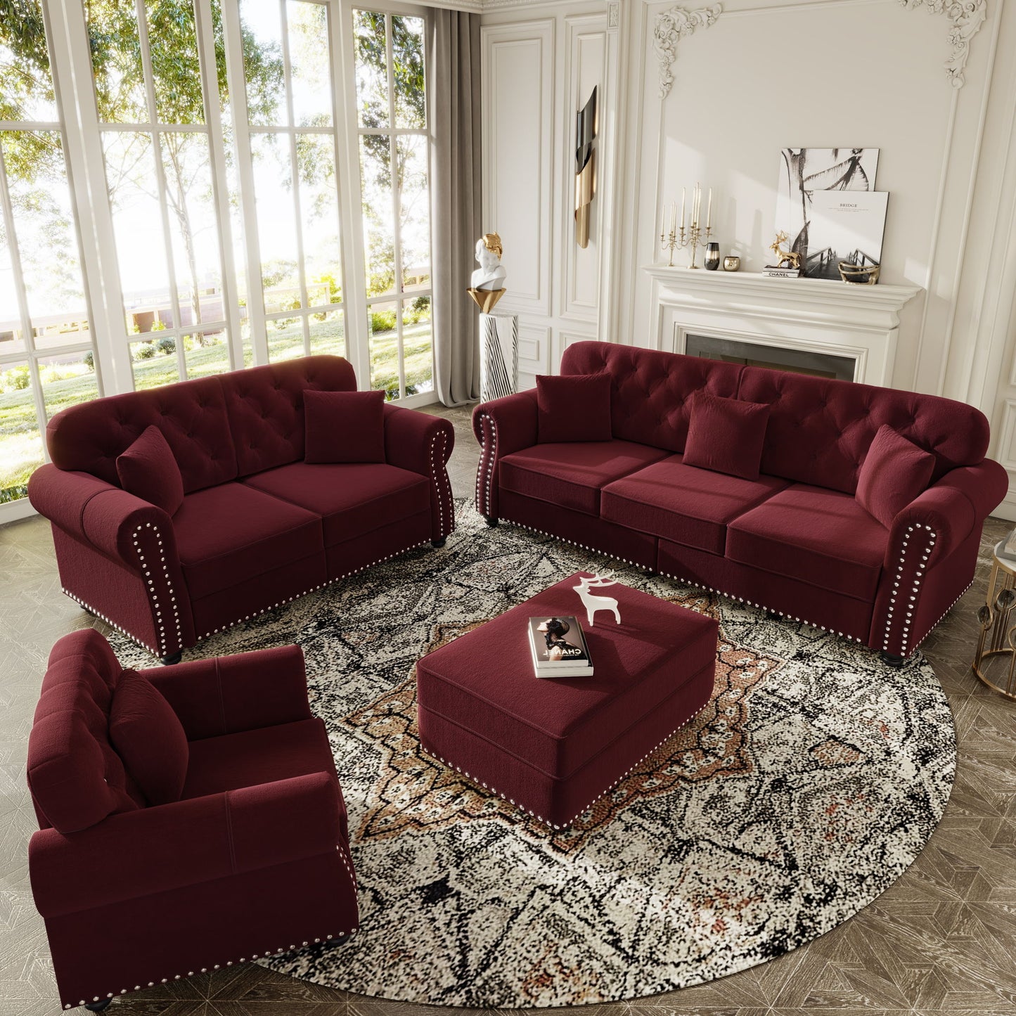 Upholstered Sofa Set With Nailhead Trim And Rolled Armrests, Includes Pillows Home Essentials