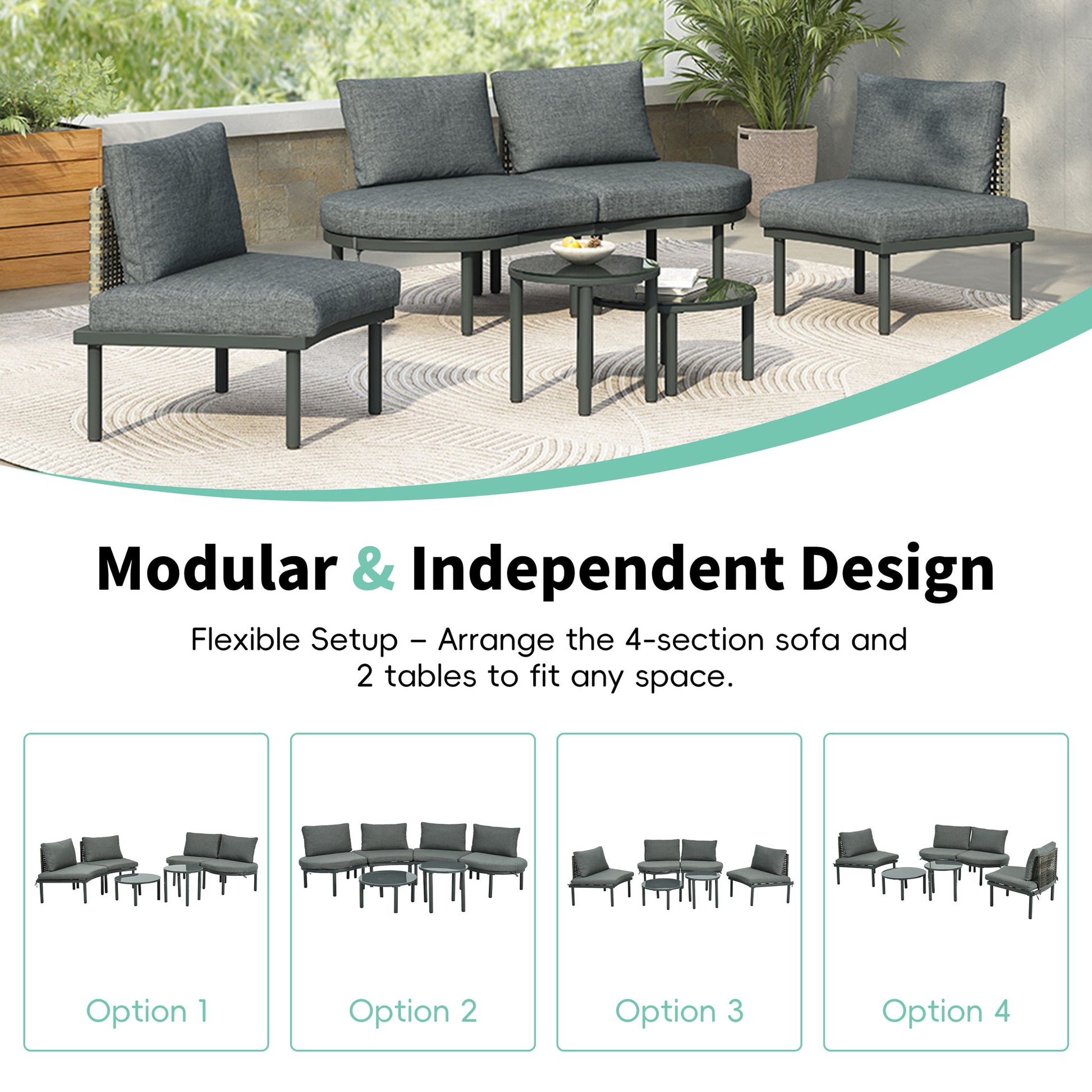 6 Piece Patio Set, Half Moon Outdoor Sectional Sofa With 2 High Low Coffee Tables, 4 Pillows & Cushions Hearth and Haven