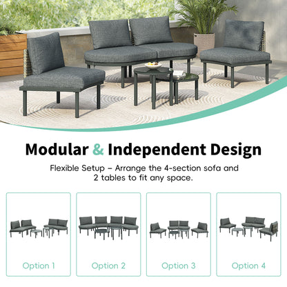 6 Piece Patio Set, Half Moon Outdoor Sectional Sofa With 2 High Low Coffee Tables, 4 Pillows & Cushions Hearth and Haven