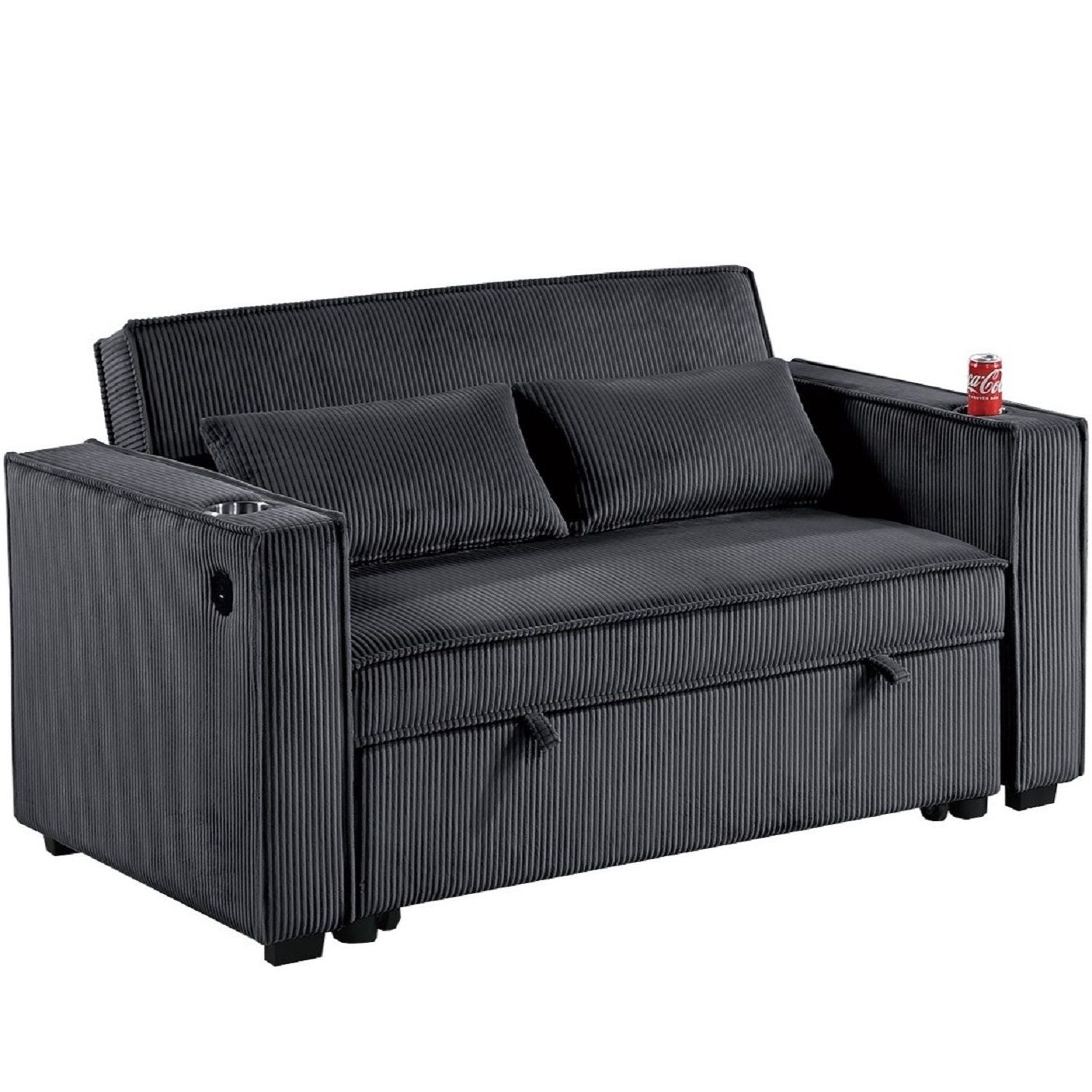 Modern Style Convertible Sofa With Pull-Out Bed, USB Ports & Cup Holders Home Essentials