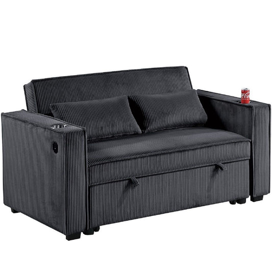 Modern Style Convertible Sofa With Pull-Out Bed, USB Ports & Cup Holders Home Essentials
