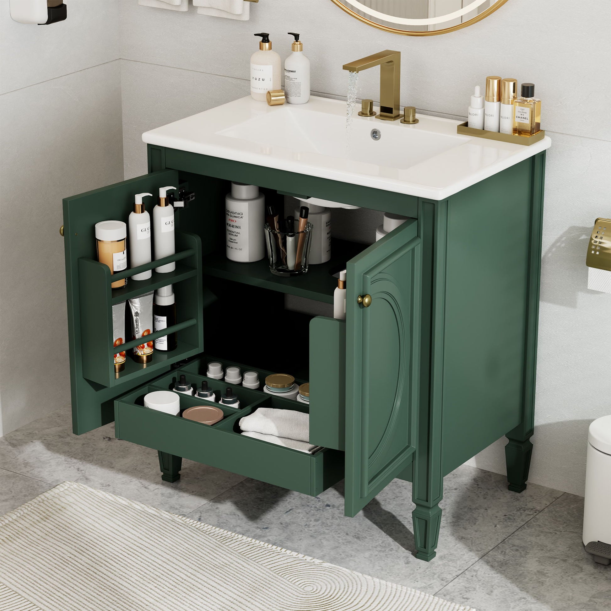 30" Bathroom Vanity With Sink, 2 Doors With Shelf, Soft Close Door Hinges, Vintage Style - Green Noble House