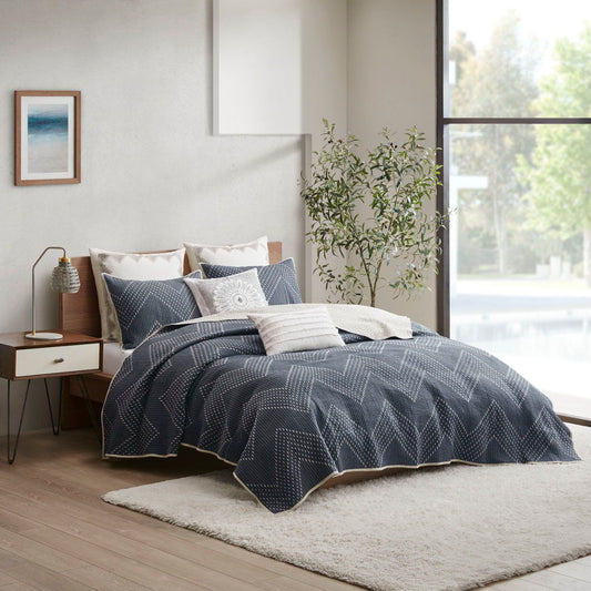 Pomona - King Embroidered 3 Piece Coverlet Set - Navy INK+IVY