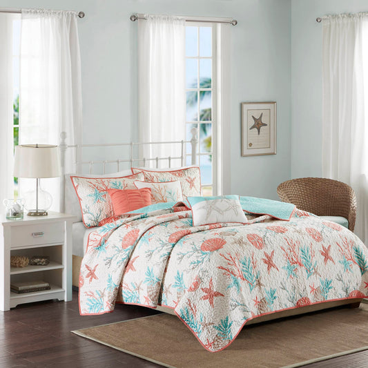 Pebble Beach - 6 Piece Reversible Coverlet Set - Coral Madison Park