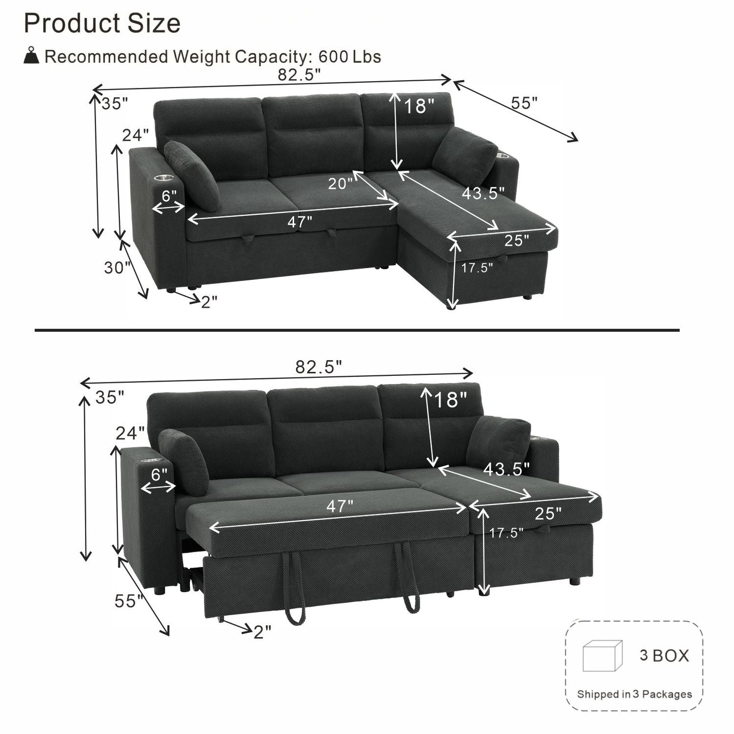 Convertible L - Shaped Sectional Sofa Bed With Storage Chaise, Cup Holders Home Essentials