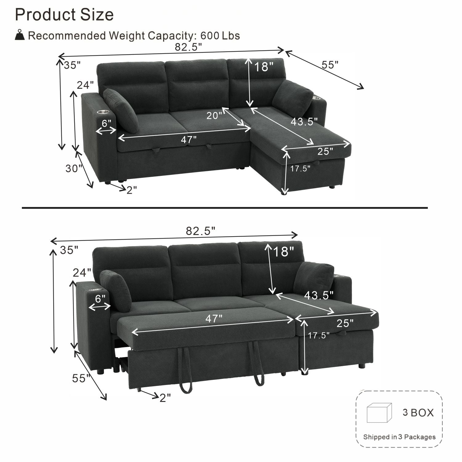 Convertible L - Shaped Sectional Sofa Bed With Storage Chaise, Cup Holders Home Essentials