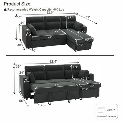 Convertible L - Shaped Sectional Sofa Bed With Storage Chaise, Cup Holders Home Essentials